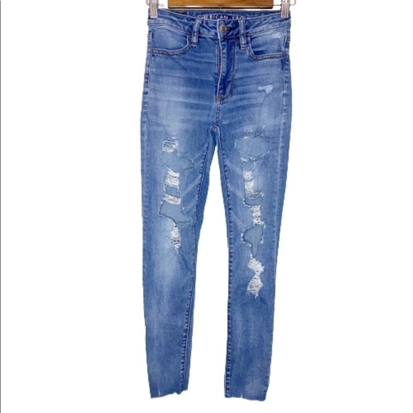 American Eagle Super Hi-Rise Distressed Jegging Skinny Raw Hem Jeans - Picture 1 of 13